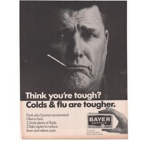 Bayer Aspirin Advertisement Vintage 1968 Medicine Medication Cold Flu Sick Tough